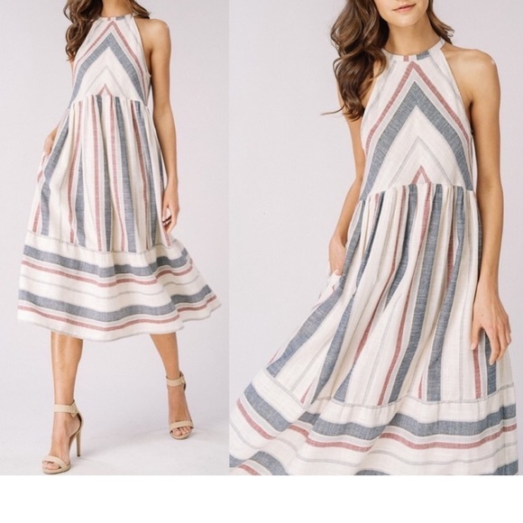 Listicle | NWT Lizzie Woven Halter 100% Cotton Striped Sleeveless Lined Dress M - Picture 3 of 3